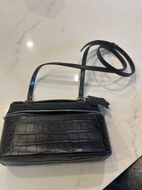 Black Croc-Embossed Crossbody Bag with Adjustable Strap